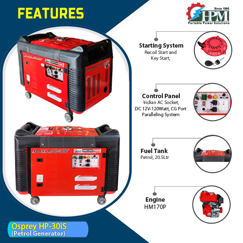 3.3 KVA Ultra Light Weight  Petrol Inverter Generator,  Recoil & Self Start, Model Osprey HP-30is